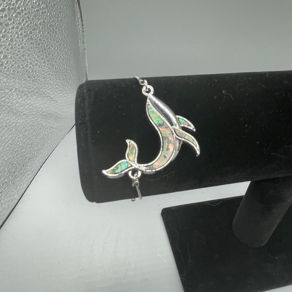 Whale Bolo Bracelet Silver Tone Abalone Shell Inlay Nautical Ocean Jewelry ajust